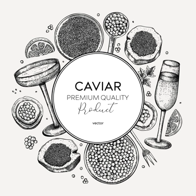 Caviar and champagne hand drawn illustration. Hand drawn wreath with red caviar canape, canned black caviar, sparkling wine bottle, glasses sketches. Seafood background in vintage style